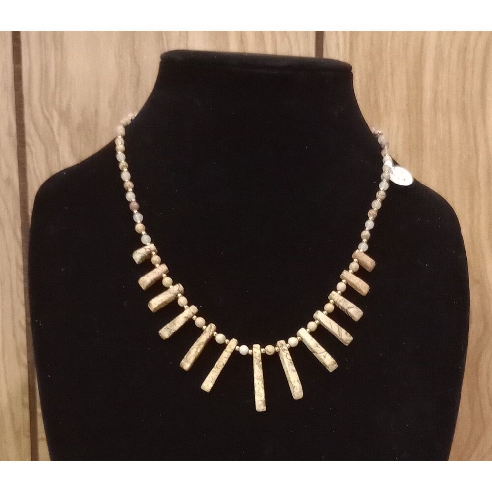 Natural Stone Jasper Quartz Gold Tone Beaded Bib 20" Toggle Clasp Necklace